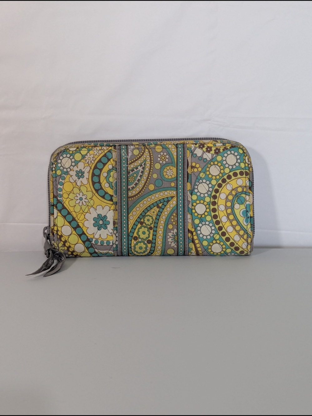 Vera Bradley Zip Around Wallet Paisley Floral Quilted Cotton Gray Yellow Blue - Picture 3 of 13